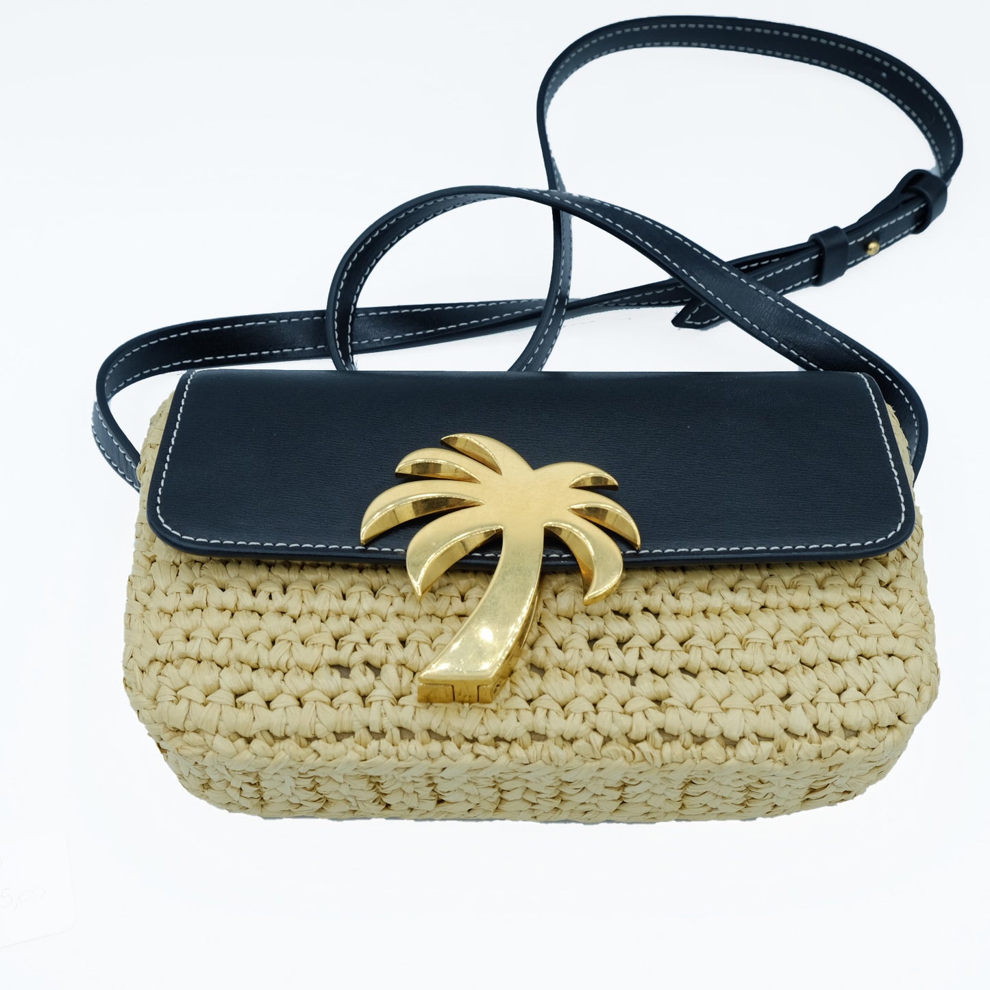 Borsa Mini Palm Angels in Rafia Intrecciata con Dettaglio Palma Dorata