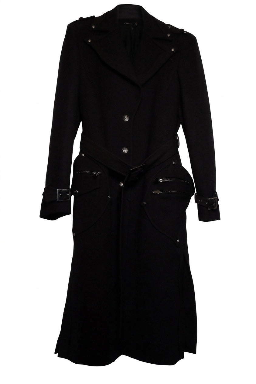 Cappotto Lungo di Stile Military-Chic in Lana Nera