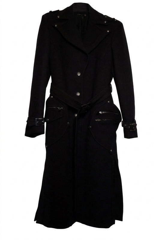 Cappotto Lungo di Stile Military-Chic in Lana Nera
