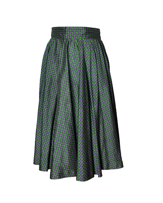 Gonna Midi Vintage con Motivo Geometrico Verde e Viola