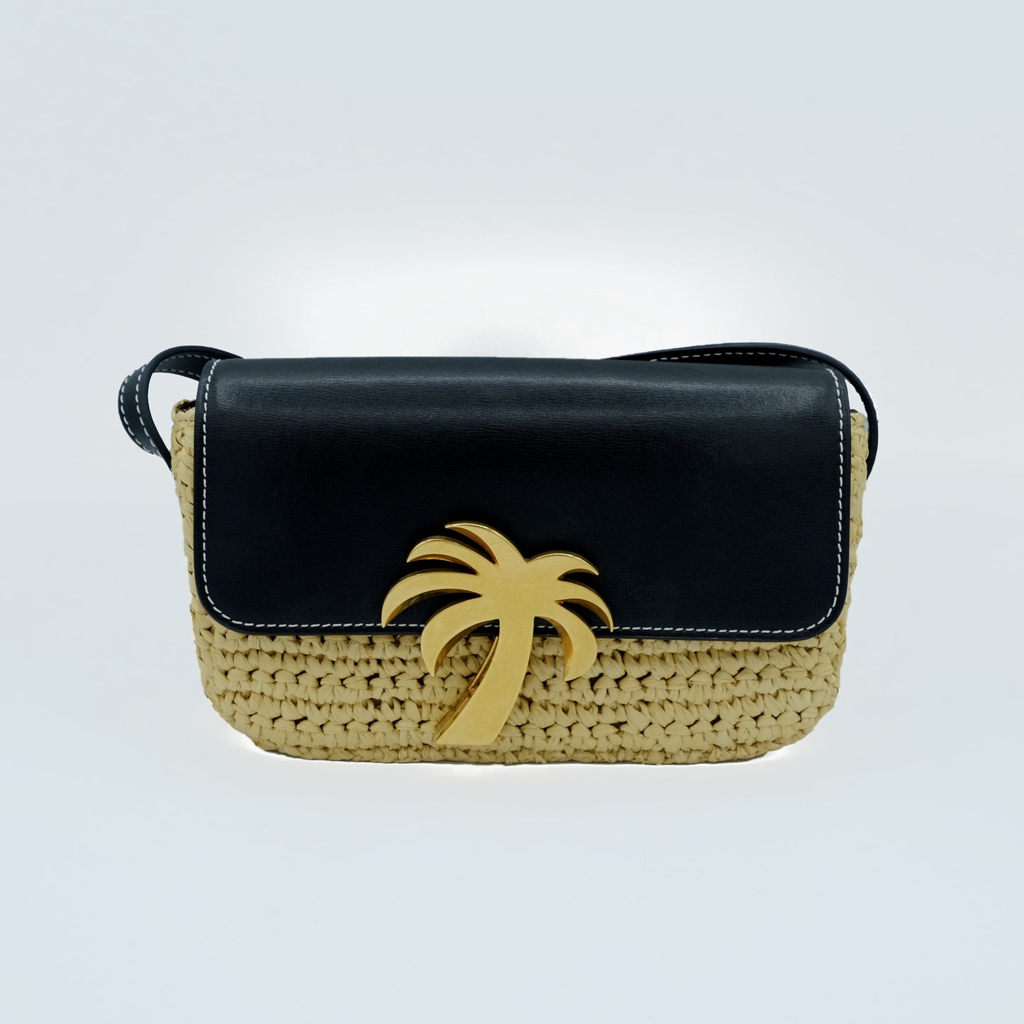Borsa Mini Palm Angels in Rafia Intrecciata con Dettaglio Palma Dorata
