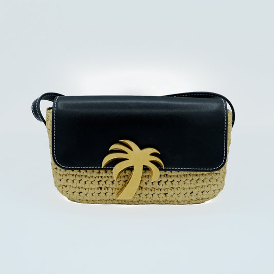Borsa Mini Palm Angels in Rafia Intrecciata con Dettaglio Palma Dorata