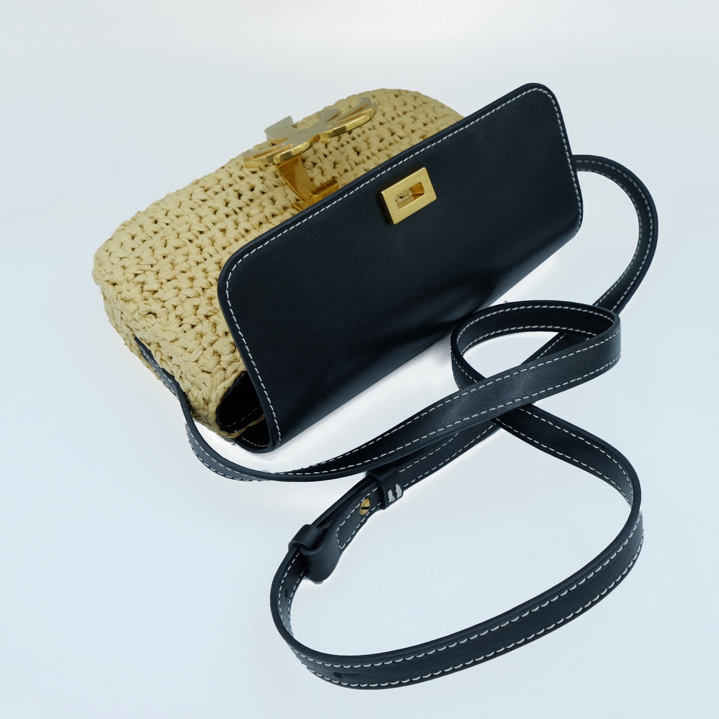Borsa Mini Palm Angels in Rafia Intrecciata con Dettaglio Palma Dorata